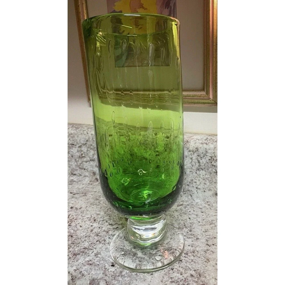 70’s Art Deco Hand Blown Controlled Bubble Apple Green & Clear Base Glass Vase